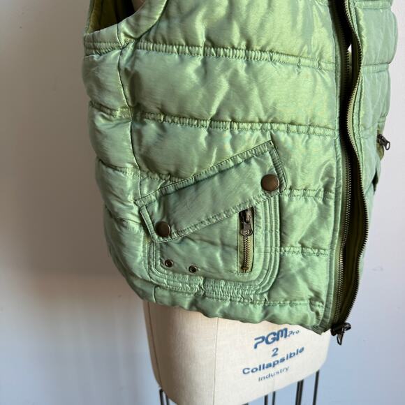 Vintage Y2K 2Bizzy Metallic Green Reversible Utility Zip Puffer Vest - Picture 9 of 13